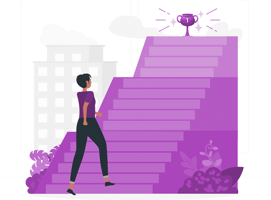 Cartoon graphic of a woman going up stairs towards a trophy